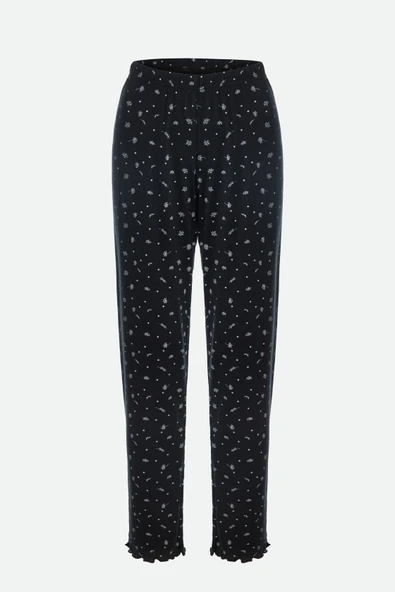 Kadın Pamuklu Çıtır Çiçek Desenli Baby Overloklu Fiyonk Detaylı Uzun Kollu Pijama Takımı - 10