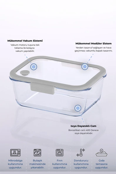 Fika Glace Vakumlu Cam Saklama Kabı 1900 ml Gri - 3