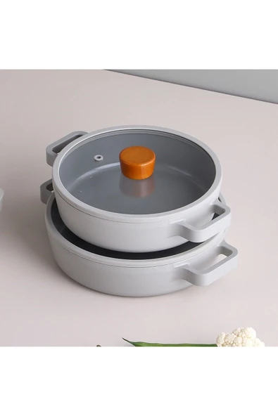 Fika Cam Kapaklı Alüminyum Döküm 2'li Sahan Seti Gri 20-22 cm - Resim 2