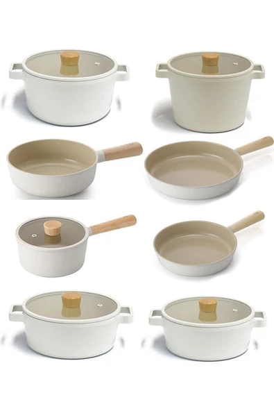 Fika 13 Parça Cam Kapaklı Seramik Kaplama Döküm Tencere Tava Seti