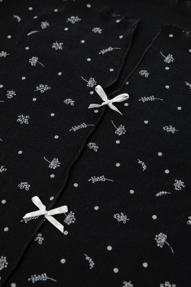 Kadın Pamuklu Çıtır Çiçek Desenli Baby Overloklu Fiyonk Detaylı Uzun Kollu Pijama Takımı - 12