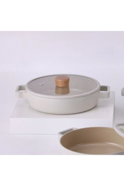 Fika Cam Kapaklı Alüminyum Döküm Sahan 22 cm Bej - 2