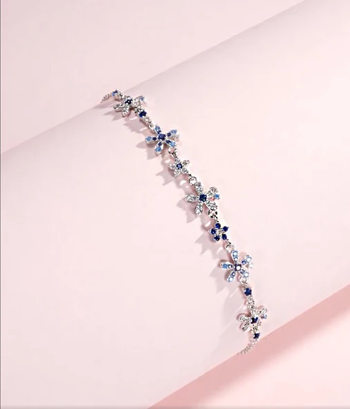 Blue Blossom 925 Ayar Gümüş Çiçek Kadın Bileklik - Resim 4