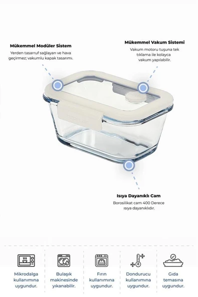 Fika Glace Bej Vakumlu 4 Parça Saklama Kabı 460 ML - 3