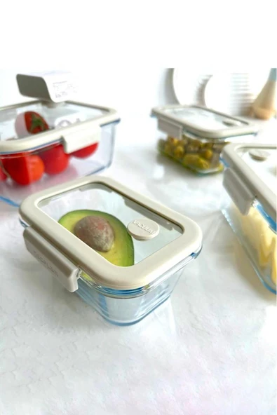 Fika Glace Vakumlu Cam Saklama Kabı Seti Bej 5 Parça - 5