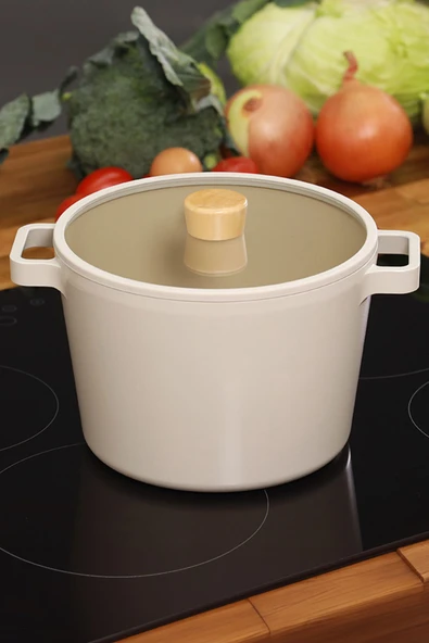 Fika Cam Kapaklı Alüminyum Döküm Derin Tencere 26cm, Bej ürün görseli 1