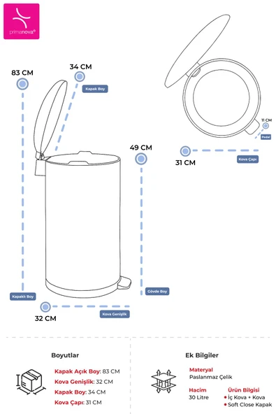 Bombe Kapaklı Çöp Kovası 30 LT Mat Beyaz - İç Kısım Siyah - Resim 6