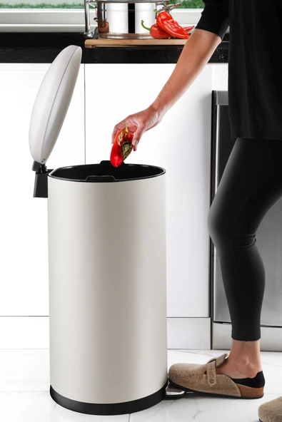 Paslanmaz Çelik Bombe Kapaklı Çöp Kovası 40 Litre Mat Bej - Resim 2