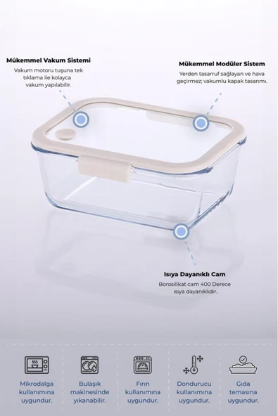 Fika Glace Bej Vakumlu 2 Parça Saklama Kabı 1900 ML - 3