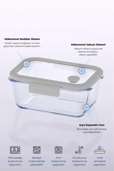 Fika Glace Gri Vakumlu 4 Parça Saklama Kabı 800 ML - 3