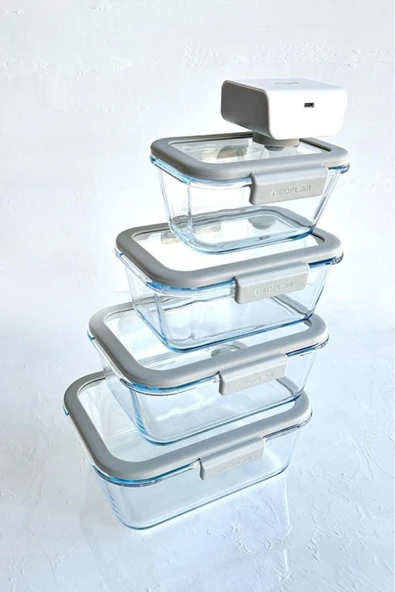 Fika Glace Vakumlu Cam Saklama Kabı Seti Gri 5 Parça - 4