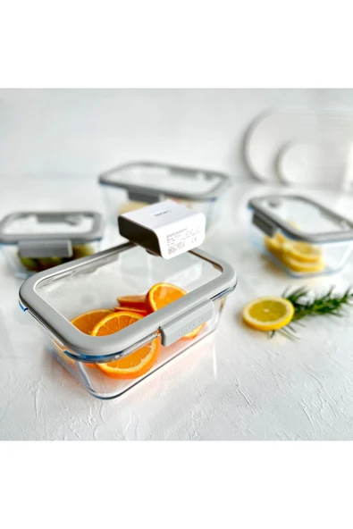 Fika Glace Vakumlu Cam Saklama Kabı Gri 5 Parça Set - 3