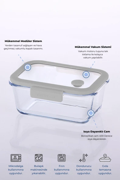 Fika Glace Vakumlu Cam Saklama Kabı 800 ml Gri - 3