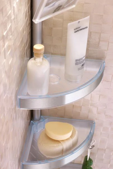 Aynalı Paslanmaz Aluminyum Borulu Köşe Rafı Şeffaf Naturel - 2