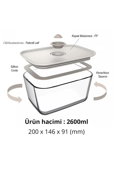 Fika Clık Dikdörtgen Saklama Kabı 2600Ml Bej - 3