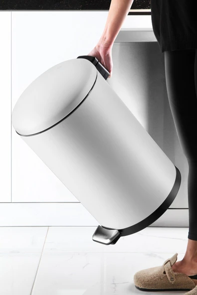 Paslanmaz Çelik Bombe Kapaklı Çöp Kovası 40 Litre Mat Beyaz - Resim 3