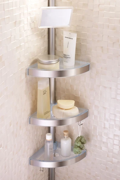 Aynalı Paslanmaz Aluminyum Borulu Köşe Rafı Şeffaf Naturel