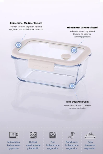 Fika Glace Bej Vakumlu 4 Parça Saklama Kabı 800 ML - 3