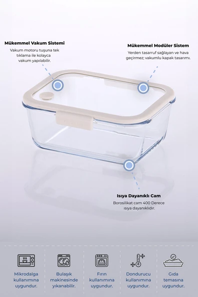 Fika Glace Vakumlu Cam Saklama Kabı 1200 ml Bej - 3