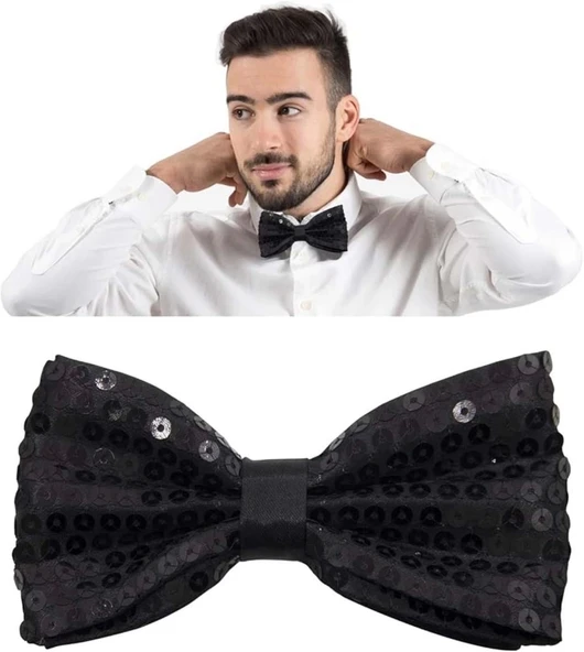 CEYLAN ADAM   Gece Işıltısı Siyah Payetli Pullu Papyon 7x2 cm ürün görseli 1