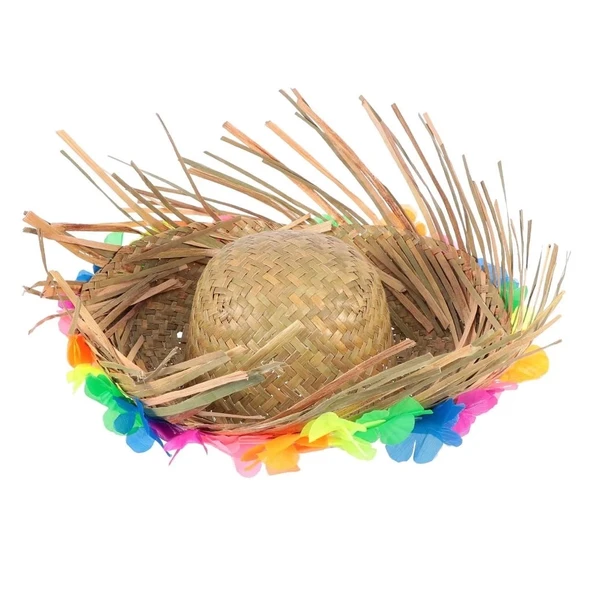 CEYLAN ADAM   Naturel Renk Püsküllü Örme Hasır Hawaii Luau Aloha Şapka 13x36 cm - 5