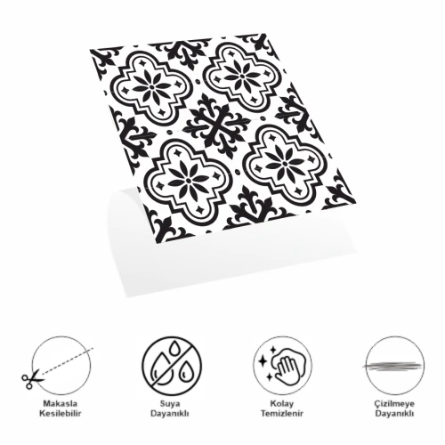 DecoHandy  Pvc Duvar Karosu 30x30cm 4'lü Paket - Siyah Beyaz Çini Desen  0,36m2 - Resim 2
