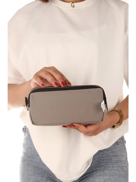 Relaxion Gri İki Gözlü Krinkıl Kumaş Kalem Çantası Kalemlik (173) - 4