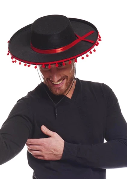 CEYLAN ADAM   Kırmızı Ponponlu Siyah Renk Yetişkin İspanyol Şapkası ürün görseli 1