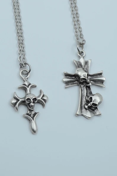2'li Kuru Kafa Haç Kuru Kafa Gümüş Kaplama Kolye Seti ürün görseli