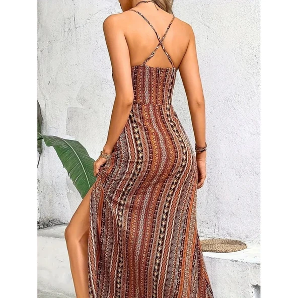 Lucky Life Kadın Ip Askılı Sırttan çapraz Detaylı Yırtmaçlı Desenli Süprem Elbise - 6