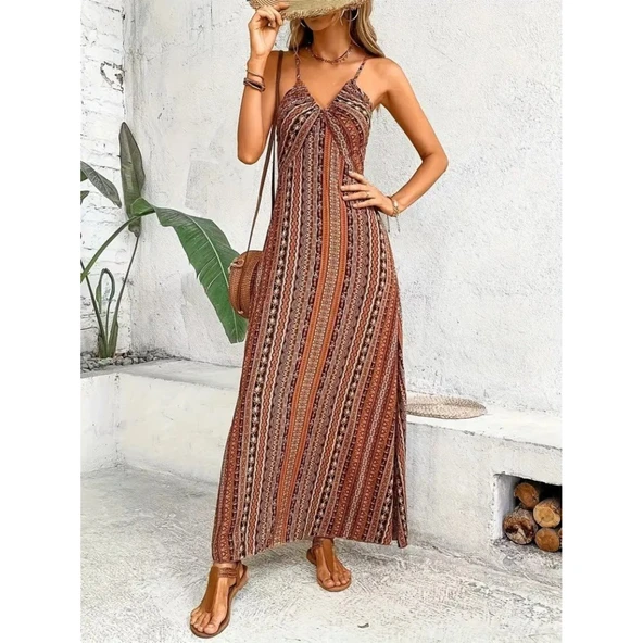 Lucky Life Kadın Ip Askılı Sırttan çapraz Detaylı Yırtmaçlı Desenli Süprem Elbise - 9