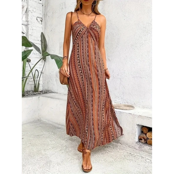 Lucky Life Kadın Ip Askılı Sırttan çapraz Detaylı Yırtmaçlı Desenli Süprem Elbise - 10