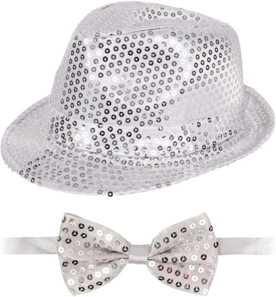 CEYLAN ADAM   Gümüş Payetli Şapka ve Papyon Seti – Parıltılı Yetişkin Kostüm Seti ürün görseli 1