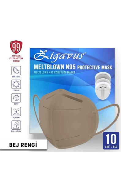 Zigavus N95 Maske Bej Renk 10 Adet - Ce & Iso Sertifikalı Çift Kat Meltblown Filtreli ürün görseli 1