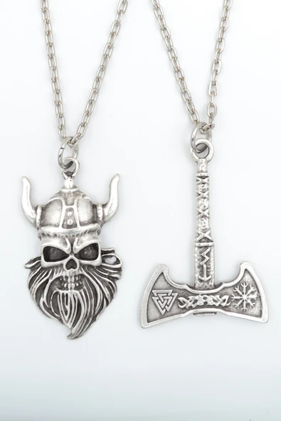 2'li Viking Sakallı Kuru Kafa - Balta Gümüş Kaplama Kolye Seti ürün görseli 1