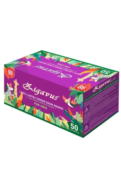 Zigavus 50 Adet Cerrahi Karışık Desenli Çocuk Maskesi, 3 Katlı Burun Telli, Rahat Lastik Kulaklıklı