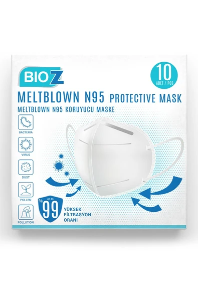 Bioz N95 Maske Beyaz Renk Çift Meltblown Katmanlı 10 Adet