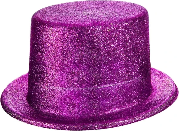 CEYLAN ADAM   Fuşya Pembe Renk Parıltılı Simli Fötr Silindir Parti Şapkası - Resim 2