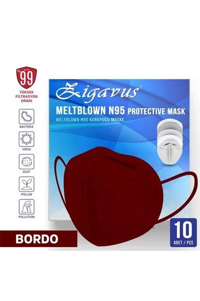 Zigavus N95 Maske Bordo Renk 10 Adet - Ce & Iso Sertifikalı Çift Kat Meltblown Filtreli - 1