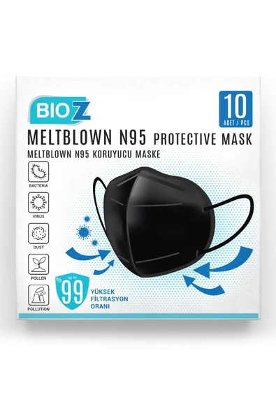 Bioz N95 Maske Siyah Renk Çift Meltblown Katmanlı 10 Adet - 1