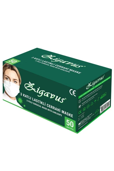 Zigavus 50 Adet Tek Kullanımlık Lastikli Telli 3 Katlı Cerrahi Koruyucu Yüz Maskesi - 1