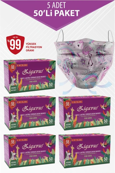 Zigavus Kız Çocuk Cerrahi Maske 250'li ürün görseli 1