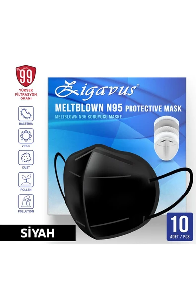 Zigavus N95 Maske Siyah Renk 10 Adet - Ce & Iso Sertifikalı Çift Kat Meltblown Filtreli ürün görseli 1