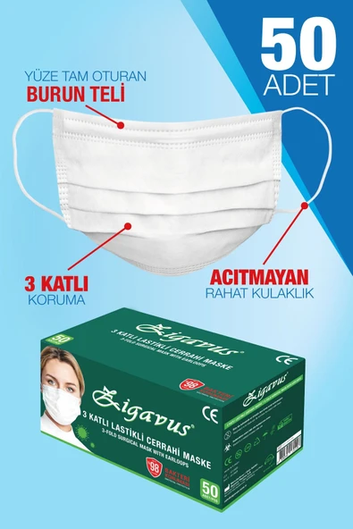 Zigavus 50 Adet Beyaz Cerrahi Maske, 3 Katlı Burun Telli, Rahat Lastik Kulaklıklı - 1
