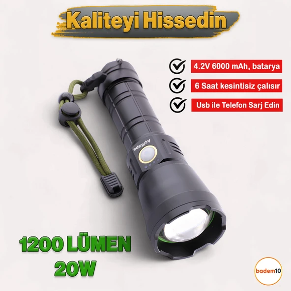 1200 Lümen 20W  6000 mAh Şarjlı Powerbank Ledli El Feneri Parlak Uzun Menzil Su Geçirmez Kamp Fener ürün görseli