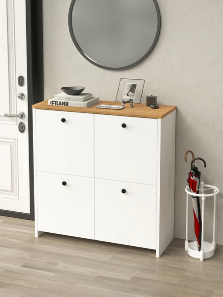 Kuzeylife Shiva Ayakkabılık  4 Kapaklı 4 Raflı Çok Amaçlı Dolap Beyaz-Safir Meşe - 8