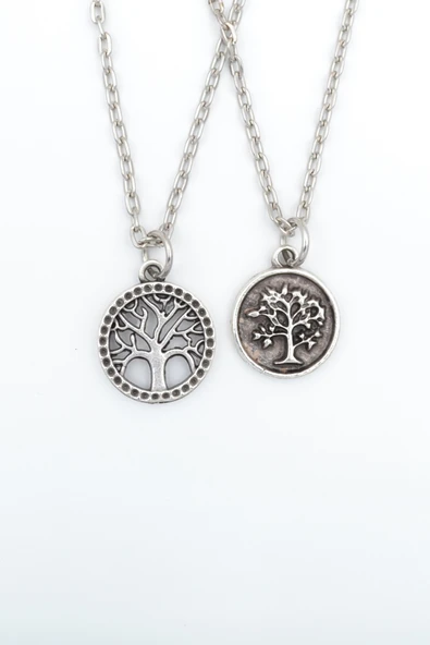 2'li Minimal Hayat Yaşam Ağacı Gümüş Kaplama Kolye Seti ürün görseli 1