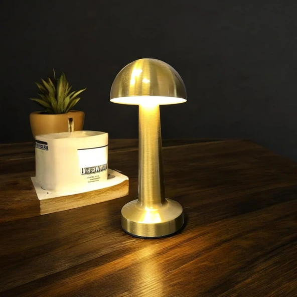 GOLD ALTIN MANTAR DESENLİ 3 RENK DOKUNMATİK MASA LAMBASI GOLD ŞARJLI AYARLANABİLİR MASA LAMBASI ürün görseli