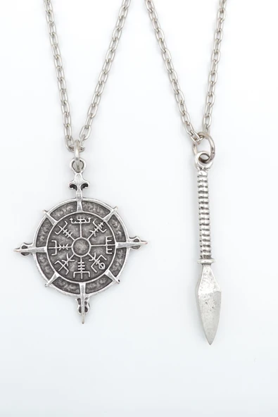 2'li Viking Pusula - Mızrak Gümüş Kaplama Kolye Seti ürün görseli 1