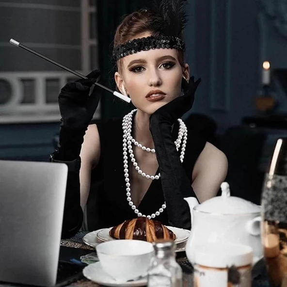 CEYLAN ADAM   1920'ler Gatsby Aksesuar Seti – Siyah Charleston Saç Bandı, Uzun Eldiven & Sigaralık - 3
